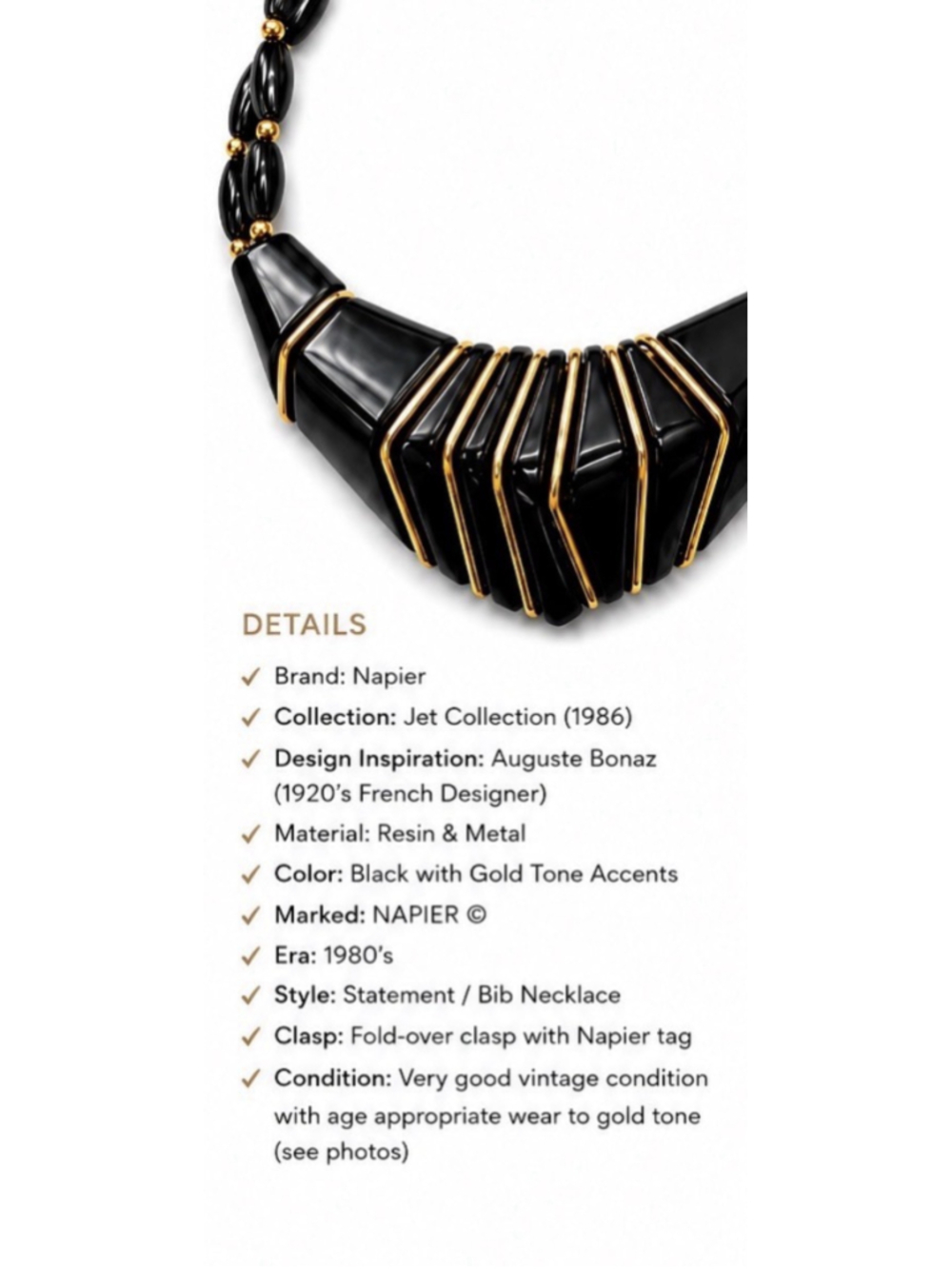 Vintage 1986 Napier Jet Collection Statement Necklace Black Gold Book Piece - Picture 3 of 4